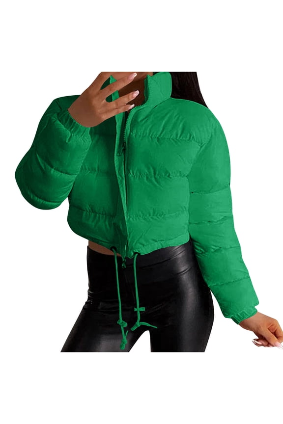 Women's Winter Croppped Puffer Jacket Solid Color Short Padded Coat Zipper Casual Jacket Warm Fashion Outerwear Green