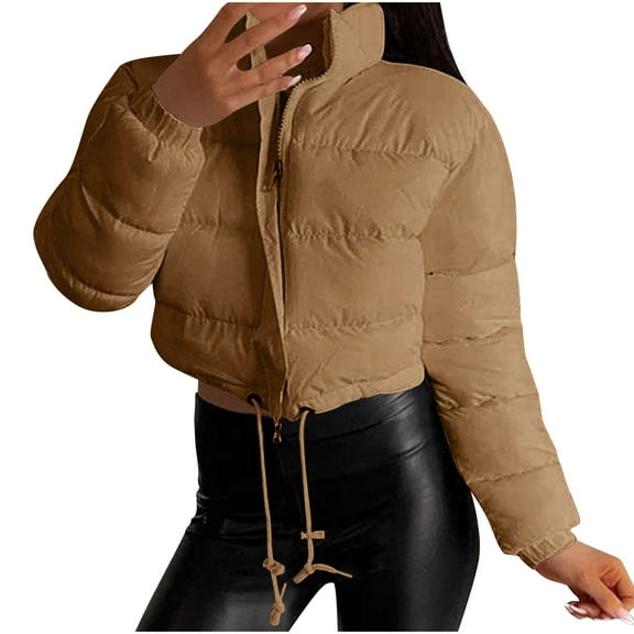 ZQUUVOU Women's Winter Croppped Puffer Jacket Solid Color Short Padded Coat Zipper Casual Jacket Warm Fashion Outerwear Khaki