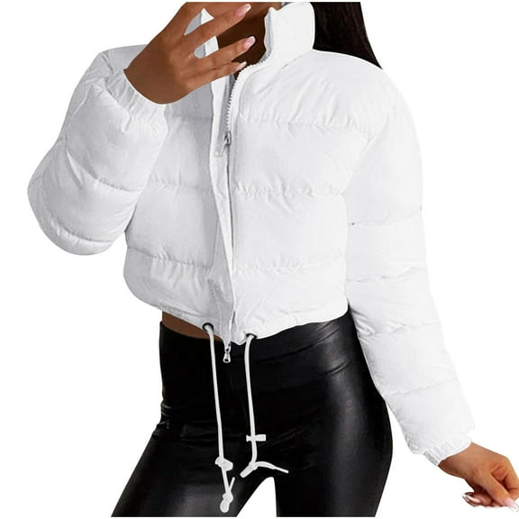 ZQUUVOU Women's Winter Croppped Puffer Jacket Solid Color Short Padded Coat Zipper Casual Jacket Warm Fashion Outerwear White