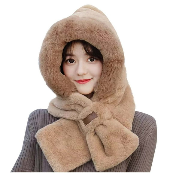 ZQUUVOU Women's Winter Hooded Scarf Fluffy Beanie Hats Thicken Plush Warm Solid Color Hat Scarf Neck Scarf Earmuffs Hat Khaki