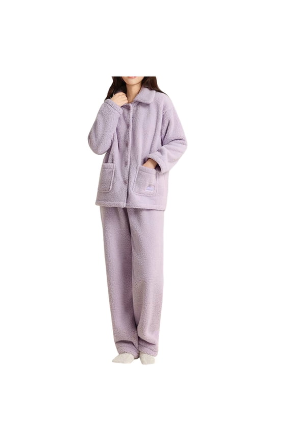 Women's Winter Pajamas Set Soft Fluffy Fuzzy Warm Pjs Flannel 2 Piece Button Plush Sleepwear Lounge Sets Purple B
