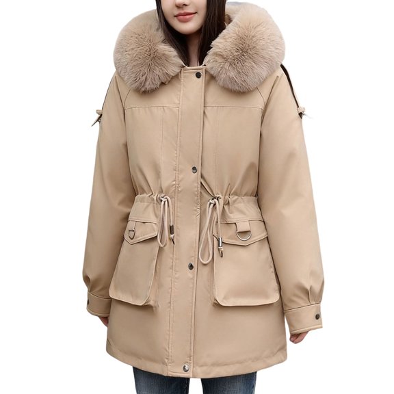 ZQUUVOU Women's Winter Parka Quilted Jacket Fleece Lined Thickened Warm Long Sleeve Cotton Coat Winter Outerwear Khaki