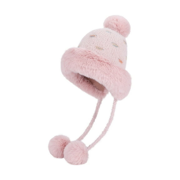 ZQUUVOU Women's Winter Plush Knit Hat Cute Ear Flap Oversize Faux Fur Trim Cozy Warm Beanie Cold Weather Headwear Pink