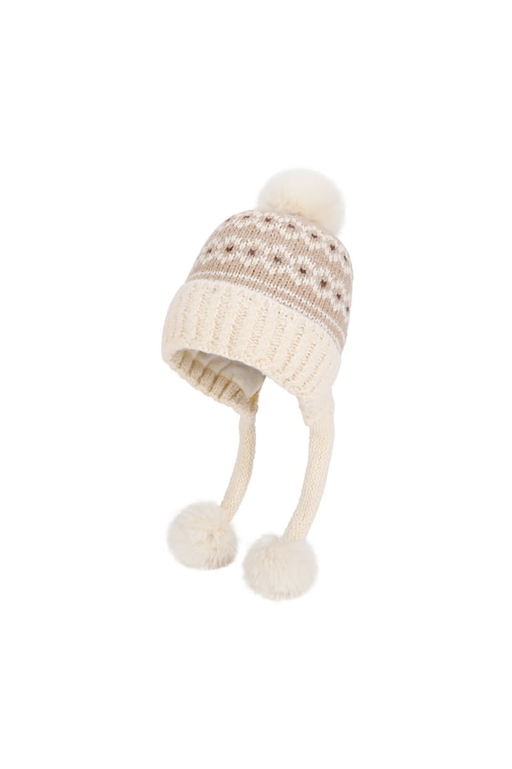 Women's Winter Pom Pom Ear Flap Beanie Plush Lined Knit Hat Oversize Thermal Fleece Lined Warm Cap Beige