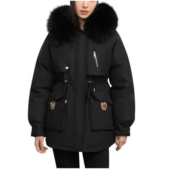 ZQUUVOU Women's Winter Puffer Jacket Warm Thicken Parka with Faux Fur Zipper Hood Fleece Lined Coat Full-Zip Coat Outerwear Black B