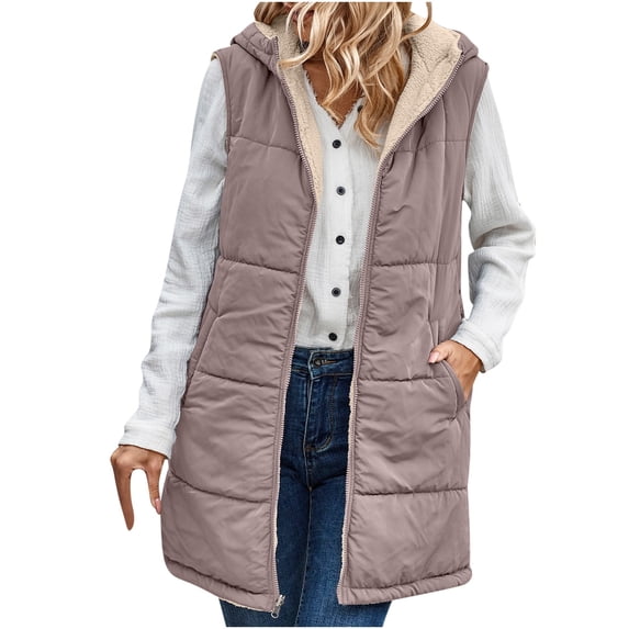 ZQUUVOU Women's Winter Quilted Coat Hooded Sleeveless Zip Front Plush Fleece Lined Vest Reversible Wear with Pockets Purple