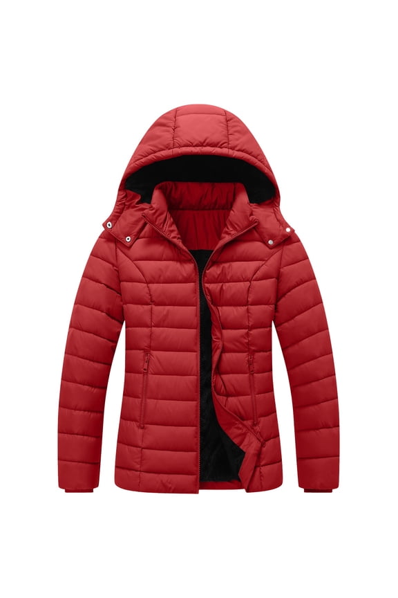 Women's Winter Quilted Jackets Hooded Zip Up Solid Color Down Jacket with Pocket Long Sleeve Ski Snow Outerwear Red