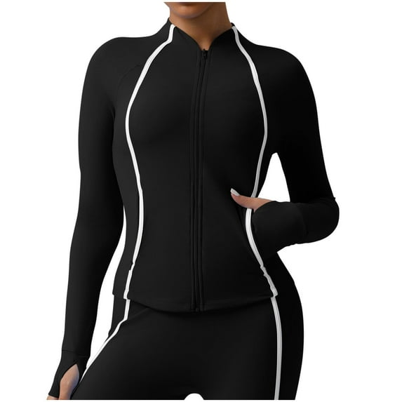 ZQUUVOU Women's Workout Jackets Full Zip Up Cropped Athletic Long Sleeve Lightweight Slim Running Tops with Pockets Black