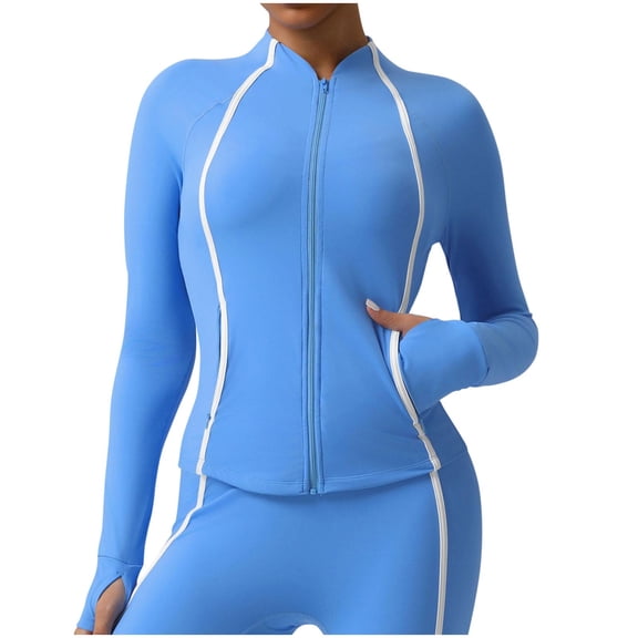 ZQUUVOU Women's Workout Jackets Full Zip Up Cropped Athletic Long Sleeve Lightweight Slim Running Tops with Pockets Blue A