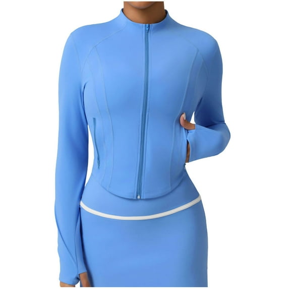 ZQUUVOU Women's Workout Jackets Full Zip Up Cropped Athletic Long Sleeve Lightweight Slim Running Tops with Pockets Blue B