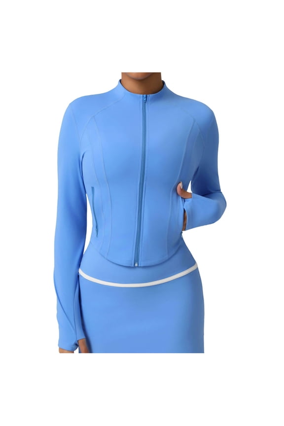 Women's Workout Jackets Full Zip Up Cropped Athletic Long Sleeve Lightweight Slim Running Tops with Pockets Blue B