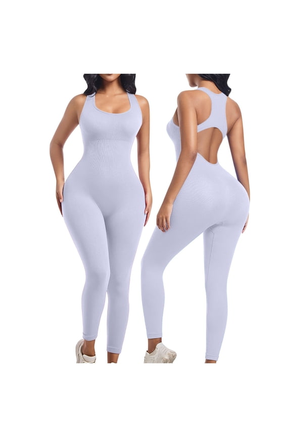 Women's Workout Jumpsuits Seamless Yoga Gym Bodycon Rompers Racerback Tummy Control Padded Bra Unitard Purple
