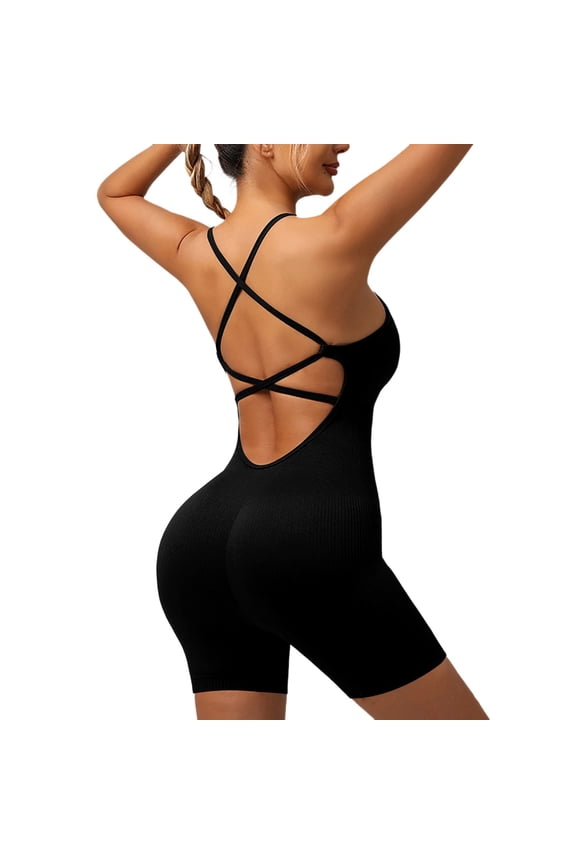 Women's Yoga Bodysuit Outdoor Criss Cross Back Sports Bra Butt Lifting Camisole One Piece Shorts Rompers Workout Sets Black