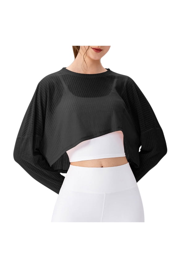 Women's Yoga Cover Up Top Long Sleeve Mesh Sheer Breathable Short Crop Loose Fit Running Workout Gym Sportswear Black