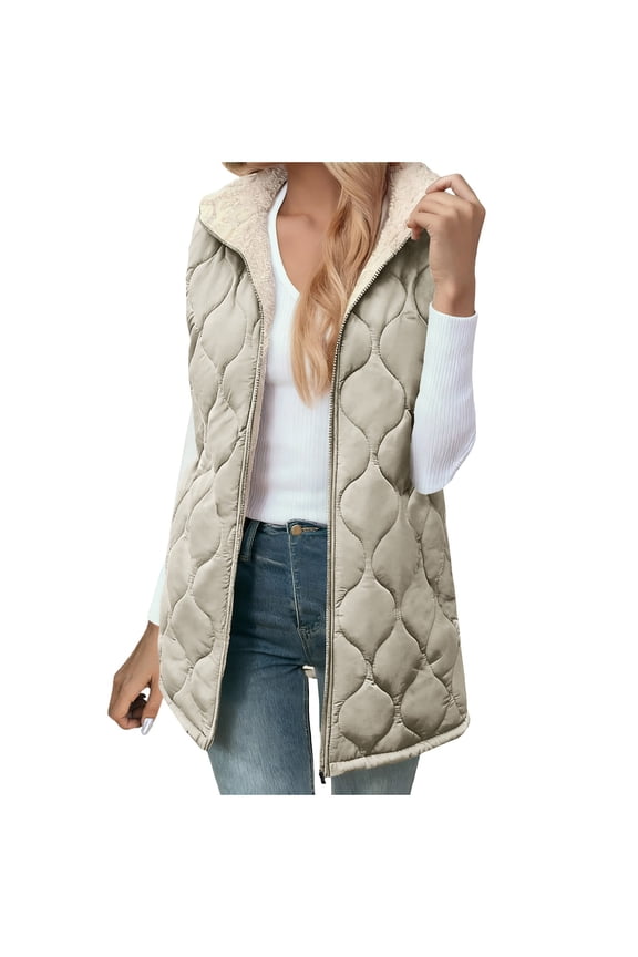 Women's Zip Front Hooded Vest Lightweight Quilted Jackets Fall Winter Mid-length Sleeveless Puffer Jacket Beige