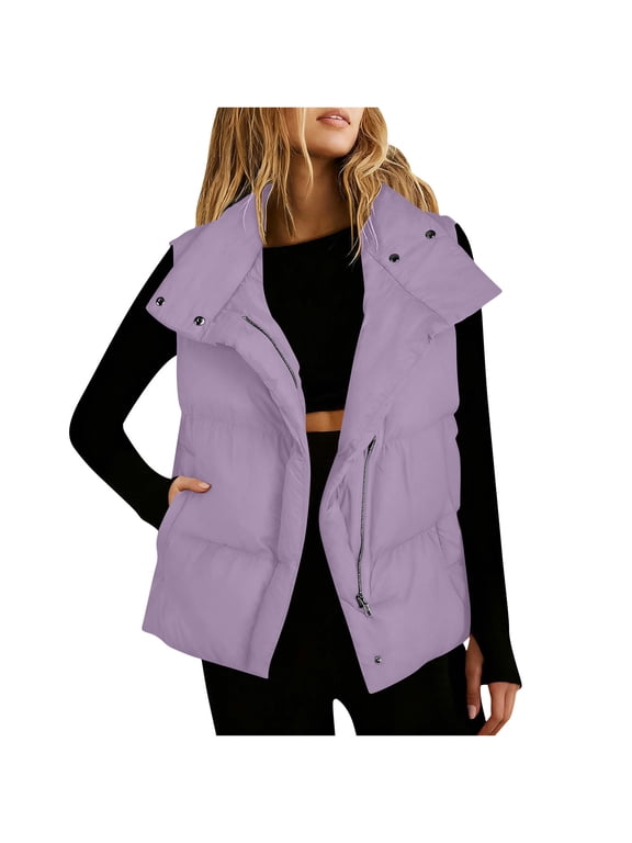 Women's Zip Up Puffer Vest Collar Fall Winter Warm Sleeveless Down Jacket with Pocket Lightweight Outerwear Purple