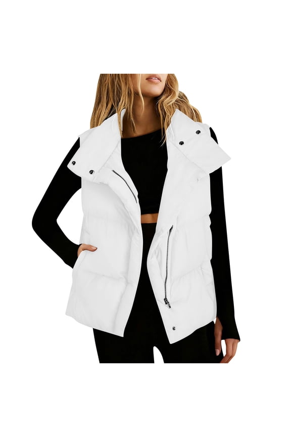 Women's Zip Up Puffer Vest Collar Fall Winter Warm Sleeveless Down Jacket with Pocket Lightweight Outerwear White
