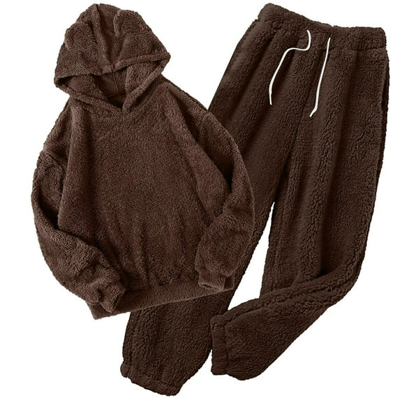 ZQUUVOU Women's and Men's Fuzzy Pajamas Set Winter Warm Fleece Matching Pajamas for Couples Hoodies and Pants Set Coffee B