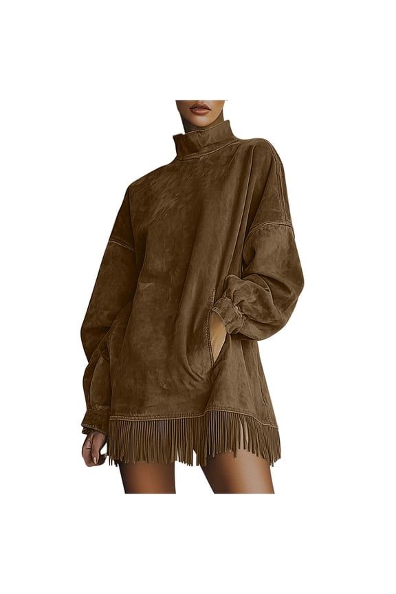 Women's faux Suede Dress Turtle Neck Long Sleeve Loose Tops with Pockets Fringe Boho Fall Winter Outfit Brown