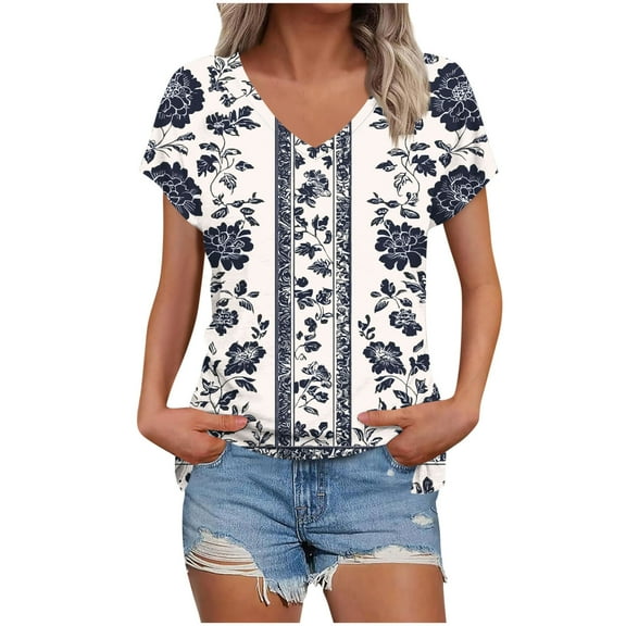 ZQUUVOU Womens 2025 T-Shirts Casual Printed Floral Short Sleeved V-Neck Tops(C-Blue,2XL)