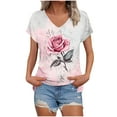 thumbnail image 1 of ZQUUVOU Womens 2025 T-Shirts Casual Printed Floral Short Sleeved V-Neck Tops(D-Pink,2XL), 1 of 5