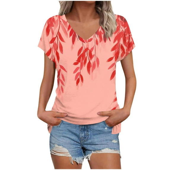 ZQUUVOU Womens 2025 T-Shirts Casual Printed Floral Short Sleeved V-Neck Tops(G-Pink,S)