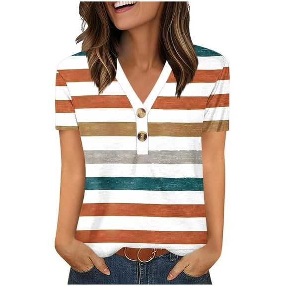 ZQUUVOU Womens 2025 T-Shirts V-Neck Button Stripe Short Sleeved Shirt V-Neck Tops(Orange,L)