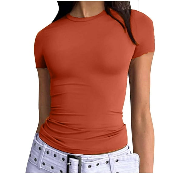 ZQUUVOU Womens Activewear T-Shirts Slim Fit Solid Color Short Sleeve Crew Neck Casual Tops(Orange,XS)