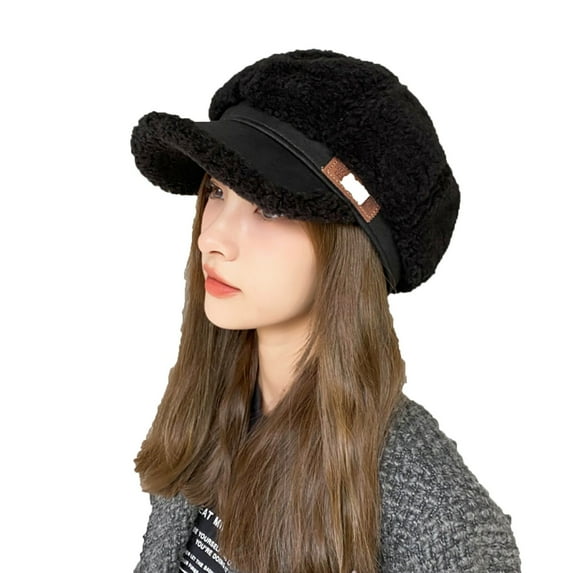 ZQUUVOU Womens Beret Newsboy Hat Fleece Winter Warm Octagonal Cap with Visor Cabbie Fiddler Vintage Hat Girls Gift Black