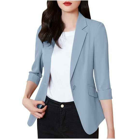ZQUUVOU Womens Business Blazers Lapel Solid Color Button Down Casual Suit Jacket (Blue,M)