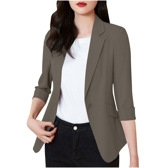 ZQUUVOU Womens Business Blazers Lapel Solid Color Button Down Casual Suit Jacket (Coffee,3XL)