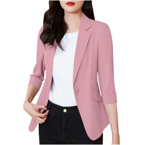 ZQUUVOU Womens Business Blazers Lapel Solid Color Button Down Casual Suit Jacket (Pink,S)