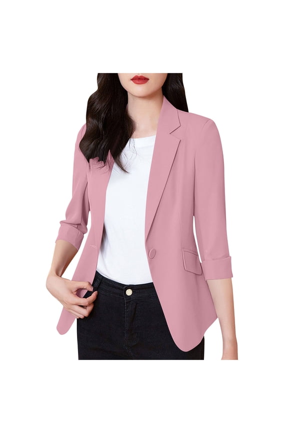 Womens Business Blazers Lapel Solid Color Button Down Casual Suit Jacket (Pink,S)