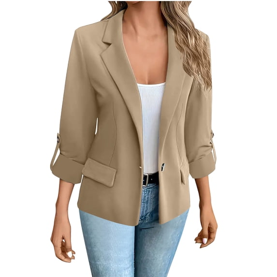 ZQUUVOU Womens Casual Blazers Open Front Long Sleeve Solid Button Work Office Blazer Jacket Coats (Khaki,L)