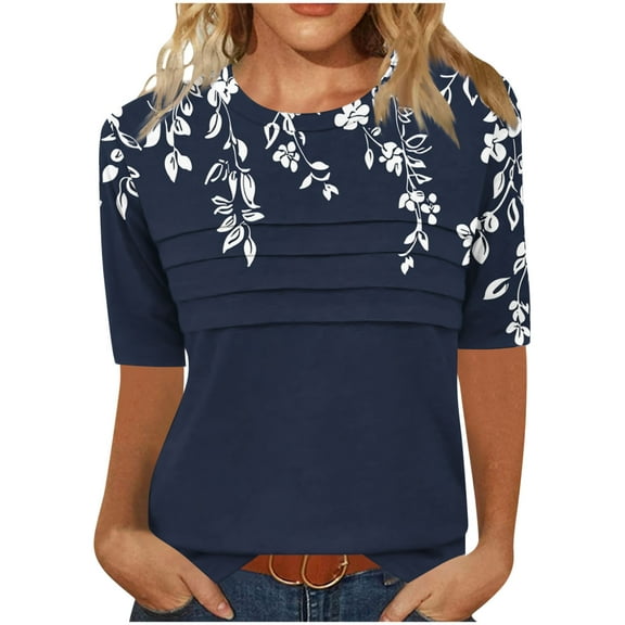 ZQUUVOU Womens Casual T-Shirts Front Pleated Crew Neck Short Sleeve Loose Fit Tops(Navy,S)