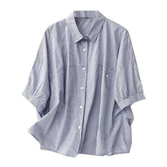 ZQUUVOU Womens Cotton Linen T-Shirts Turndown Collar Striped Button Short Sleeve Blouse(A-Blue,M)