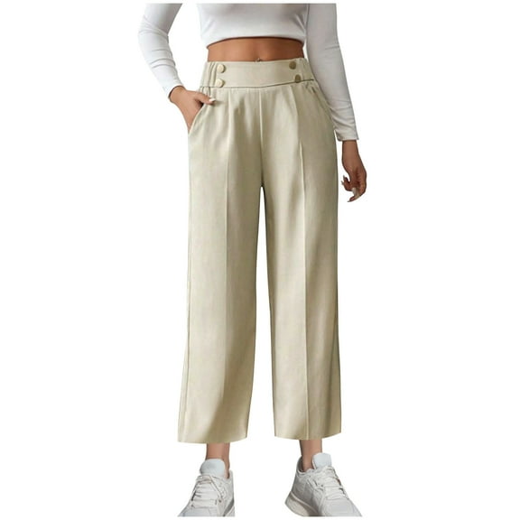 ZQUUVOU Womens' Pants Solid Color Casual Loose Capris Pants with Pocket(Beige,L)