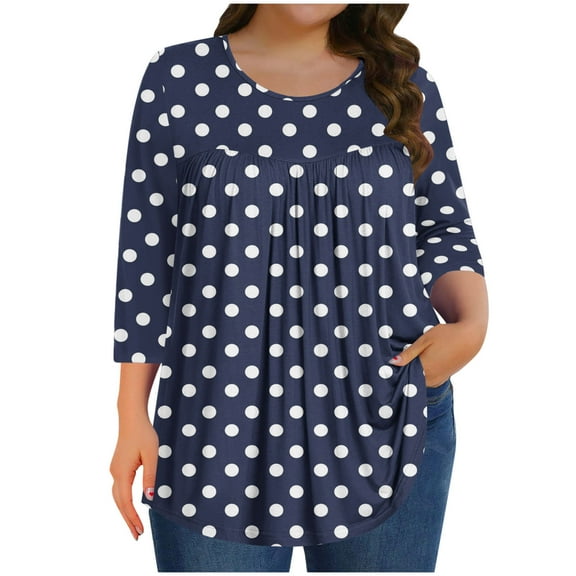 ZQUUVOU Womens Plus Size T-Shirts Front Pleated 3/4 Sleeves Crew Neck Summer Casual Tops(Navy,4XL)