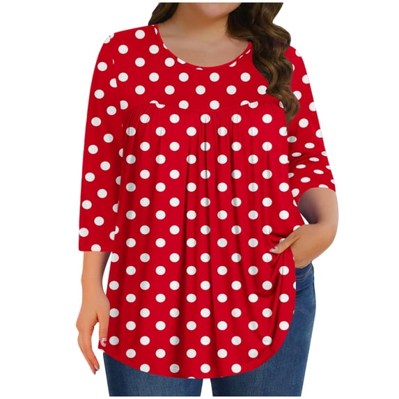 ZQUUVOU Womens Plus Size T-Shirts Front Pleated 3/4 Sleeves Crew Neck Summer Casual Tops(Red,4XL)
