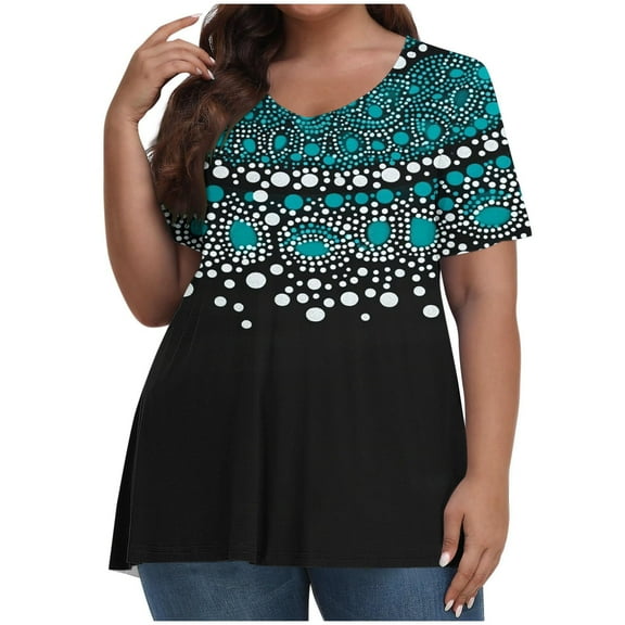 ZQUUVOU Womens Plus Size T-Shirts Printed Floral V-Neck Short Sleeve Summer Casual Tops(G-Black,3XL)