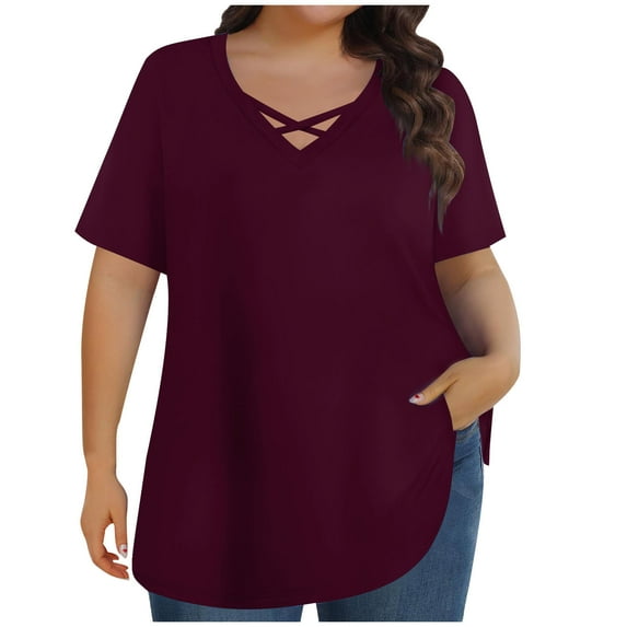 ZQUUVOU Womens Plus Size T-Shirts Summer Solid Color Short Sleeve V-Neck Blouses(Burgundy,3XL)