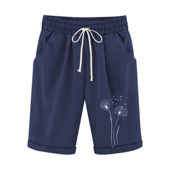 ZQUUVOU Womens Shorts High Waist Casual Wear Elastic Pockets Half Shorts(Navy,L)