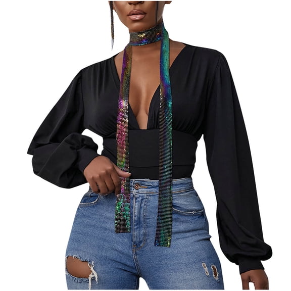 ZQUUVOU Womens Skinny Tie Scarf Sequins Metal Neck Tie Scarf Tie Shawl Glitter Long Evening Party Neckerchief Choker Multicolor