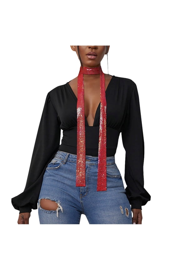Womens Skinny Tie Scarf Sequins Metal Neck Tie Scarf Tie Shawl Glitter Long Evening Party Neckerchief Choker Red