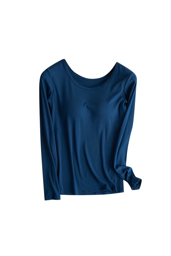 Womens T-Shirt Round Neck Solid Color With Chest Pad Long Sleeved Basic Tops Blue