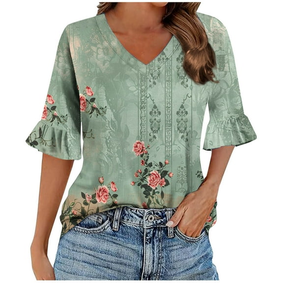 ZQUUVOU Womens T-Shirts Boho Printed 3/4 Sleeved V-Neck Ruffle Casual Tops(D-Green,M)
