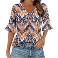thumbnail image 1 of ZQUUVOU Womens T-Shirts Boho Printed 3/4 Sleeved V-Neck Ruffle Casual Tops(F-Orange,L), 1 of 5