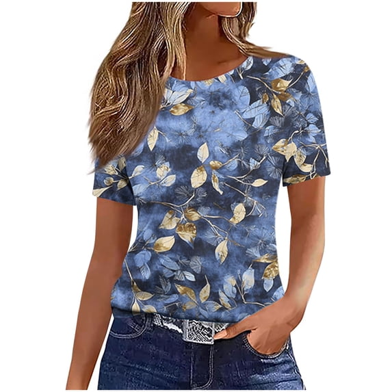 ZQUUVOU Womens T-Shirts Boho Printed Crew Neck Short Sleeved Tops(H-Navy,S)