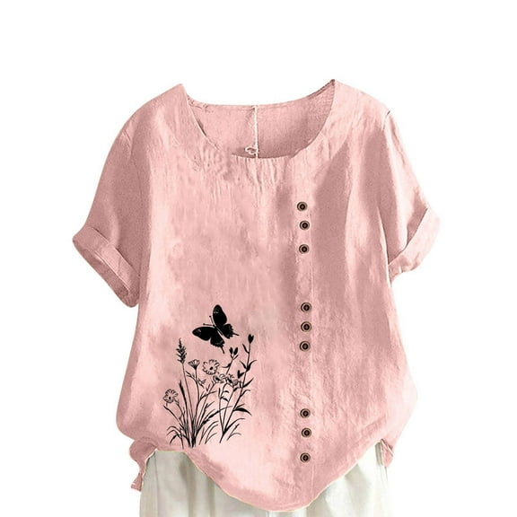 ZQUUVOU Womens T-Shirts Casual Crew Neck Printed Short Sleeve Button Blouse(Pink,S)