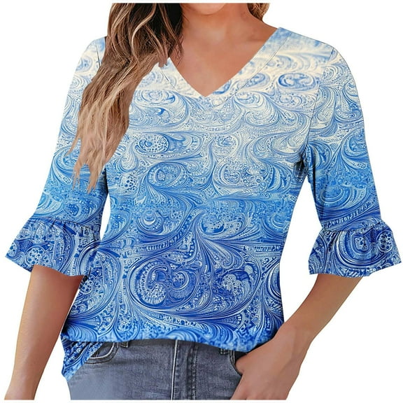 ZQUUVOU Womens T-Shirts Casual Printed Floral Ruffle 3/4 Sleeved V-Neck Tops(Blue,2XL)
